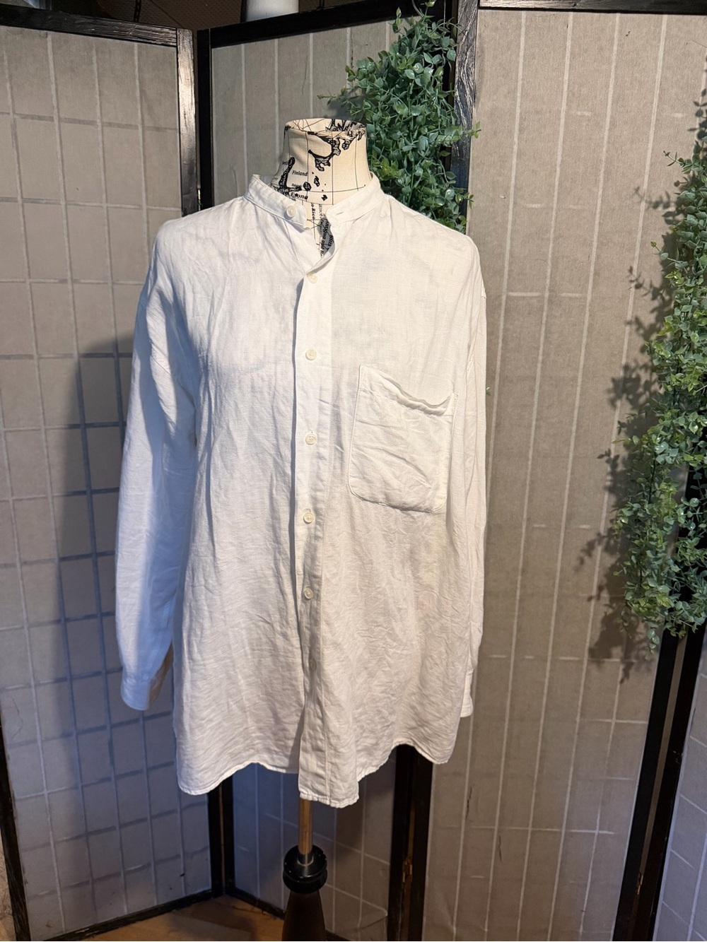 Geoffrey Beene Linen Cotton Mandarin Shirt minimalist coastal blouse white M